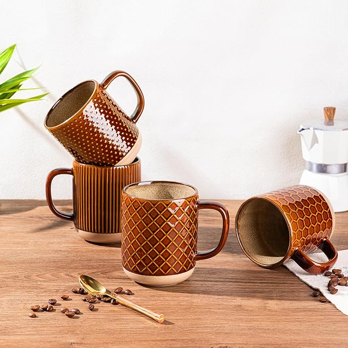 GBhome Large Coffee Mugs Set of 4, 16oz Handmade Stoneware Coffee Mugs Set with Large Handle for Cappuccino/Latte/Tea/Hot Cocoa, Dishwasher & Microwave Safe, Caramel