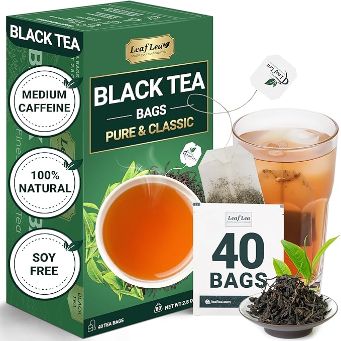 LeafLea 40 Black Tea Bags, Premium Full-Bodied Black Tea Leaves, Strong Robust and Flavoury, Digestive Ease & Natural Alertness with Caffeine, Sugar-Free, Vegan, Individually Wrapped
