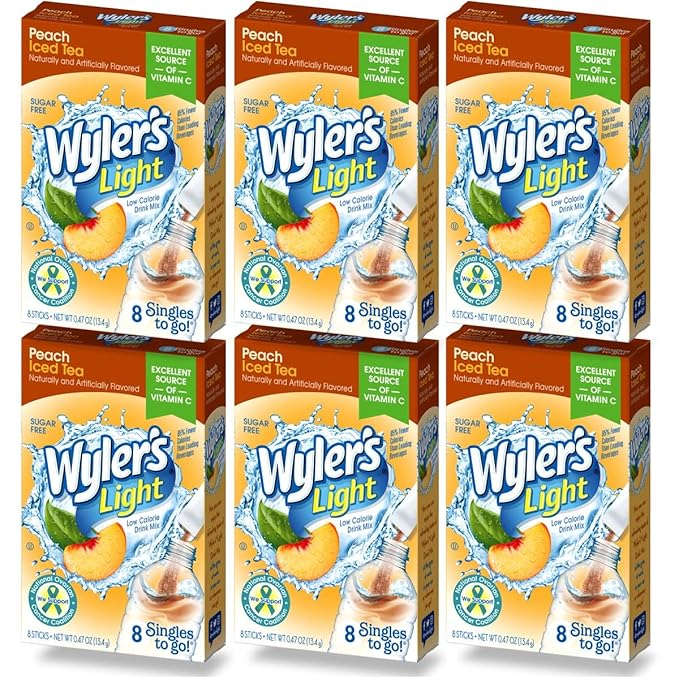 Wyler's Light Singles To Go (6 Pack), Peach Iced Tea Water Drink Mix, 48 Total Powder Drink Mix Packets