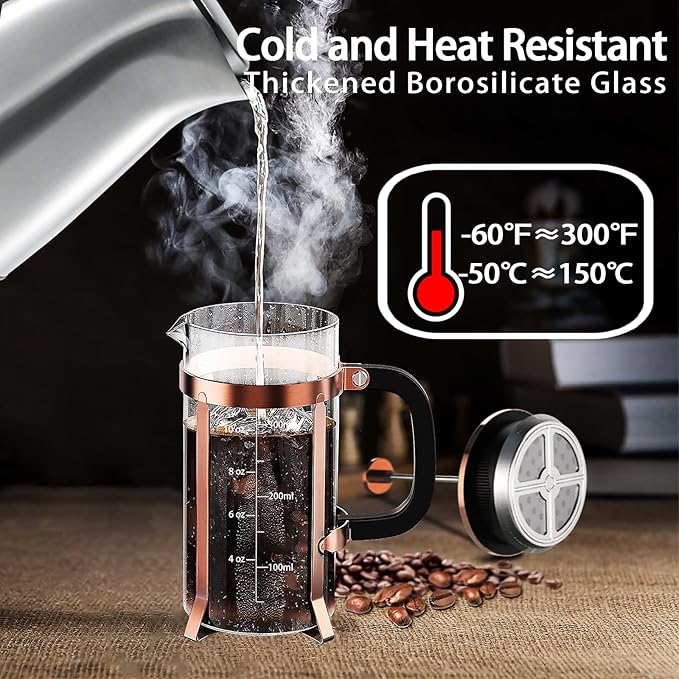 YMMIND French Press Coffee Maker 304 Stainless Steel Coffee Press,with 4 Filters System, Heat Resistant Thickness Borosilicate French Press Glass, BPA-Free Brewed Tea Pot Coffee Plunger(Copper 12oz)