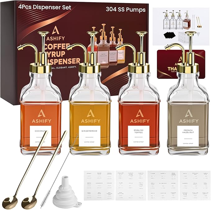 16.9oz/ 500ml Coffee Syrup Dispensers with 304 Stainless Steel Gold Pump - 4Pcs Glass Coffee Bar Syrup Bottles with 36 Labels, 2 Spoons, Funnel and Cleaning Brush Set for Bar Accessories