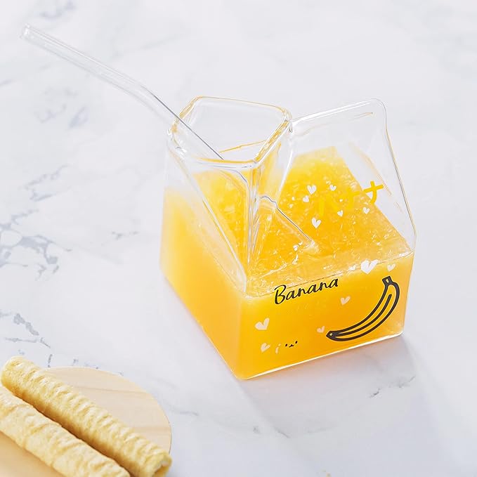 Kawaii Glass Milk Carton Cup Clear Cute Milk Cup Mini Creamer Pitcher Container Microwavable 12 Oz, 1Pcs(Banana)