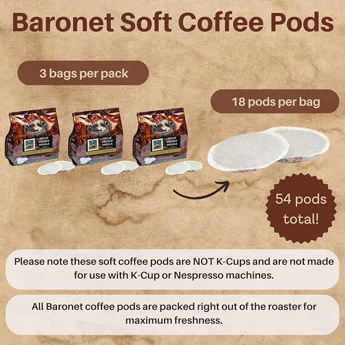 Baronet Coffee Pods - 54 Coffee Bags Like Senseo, 8g Medium Roast Organic Compostable, Regular Strength [Decaf French Vanilla]