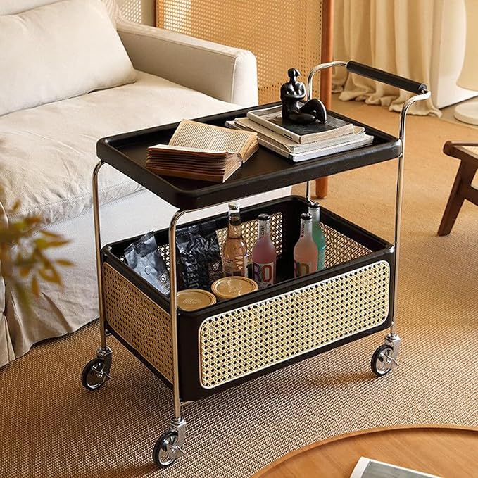 Mid Century Solid Wood Side Table,Rolling Cart,2 Tier Small End Table with Wheels,Mobile Side Table with Breathable Storage Basket,Suitable for Living Rooms,Kitchens,Bedrooms (Black B)