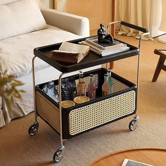 Mid Century Solid Wood Side Table,Rolling Cart,2 Tier Small End Table with Wheels,Mobile Side Table with Breathable Storage Basket,Suitable for Living Rooms,Kitchens,Bedrooms (Black B)