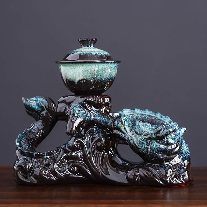 Semi Automatic Tea Set Ceramic Teapot with Infuser Magic Teapot with 8 cups Gradient Color (Gradient Dragon- D)