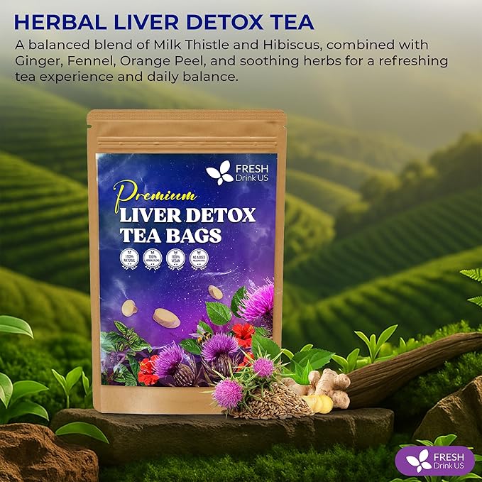 FreshDrinkUS, Premium Liver Detox Tea Bags | 60 Count | Eco-Conscious Corn Fiber Tea Bags | Ayurvedic Stomach Relief & Liver Support | Vegan, Caffeine Free, Kosher