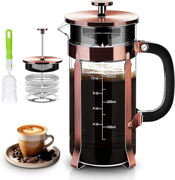 YMMIND French Press Coffee Maker 304 Stainless Steel Coffee Press,with 4 Filters System, Heat Resistant Thickness Borosilicate French Press Glass, BPA-Free Brewed Tea Pot Coffee Plunger(Copper 12oz)