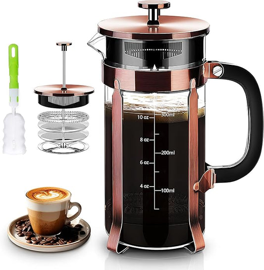 YMMIND French Press Coffee Maker 304 Stainless Steel Coffee Press,with 4 Filters System, Heat Resistant Thickness Borosilicate French Press Glass, BPA-Free Brewed Tea Pot Coffee Plunger(Copper 12oz)