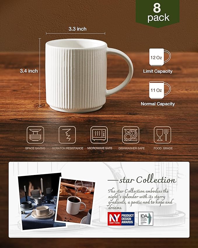 famiware Coffee Mug Set for 8, Star 12 oz Catering Mugs Cup Set with Handle for Coffee, Tea, Cocoa, Milk - Ceramic Stoneware Drinkware Set, Matte White