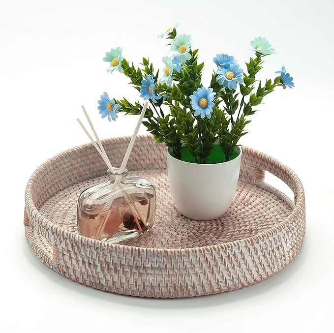 2 Pack Round Rattan Tray, Hand Woven Serving Tray with Handles, Wicker Serving Basket, Decorative Tray for Home Decor, Whitewash (11.8 + 14 inch)