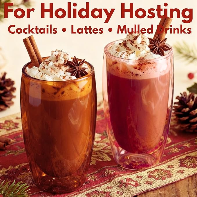 Double Wall Glass Cup 15oz Insulated Coffee Mug for Coffee Tasting Christmas Drinks Home Café Cozy Nights Holiday Gifts Set in Amber Brown/Rose Pink