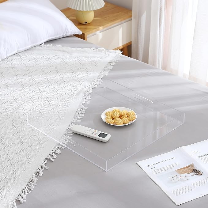 Large Clear Acrylic Serving Tray with Handles-19x19x2H Inch Big Size Spill Proof Tray for Ottoman,Coffee Table, Breakfast, Tea, Food, Butler -Safe Edge Organizer- Decorative
