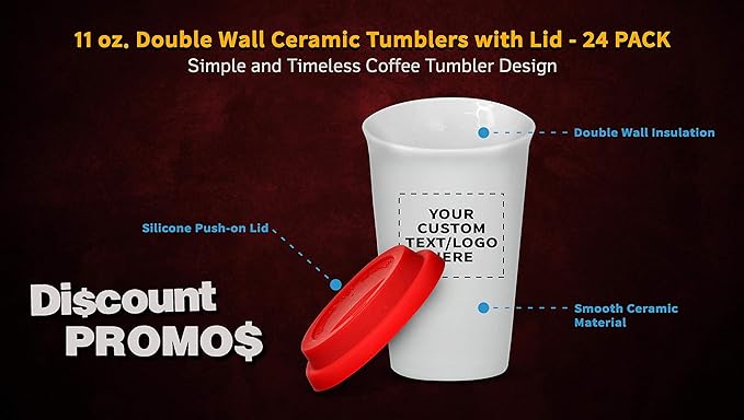 Personalized 11 oz. Double Wall Ceramic Tumblers with Lid - 24 Pack - Custom Text, Logo - Red