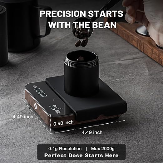 KitchenTour CaféMetric Coffee Scale with Timer 0.1g/2000g - Precision Small Scale for Espresso & Pour Over - Mini Scale with LED Display (Wood, AAA Battery)