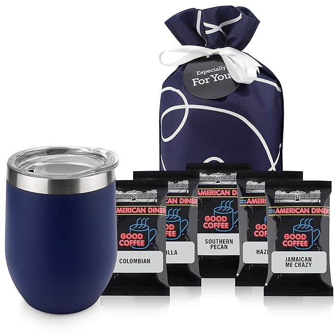 Coffee Lovers Gifts Basket - Gift Sets Include Temperature Retention Insulated Cup and 5 Special Blend Full Pot Ground-Coffee Samplers Presented in Beautiful Gift Bag For Women & Men