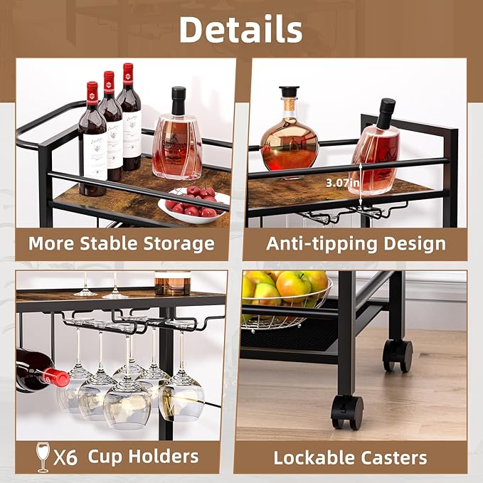 Bar Cart,Home Bar Serving Cart with Storage Shelves, 2 Tier Rolling Beverage Cart with Wheels, Modern Retro Brown Wine Cart with Wine Rack and Glass Holder for Kitchen, Dinning Room,Living Room