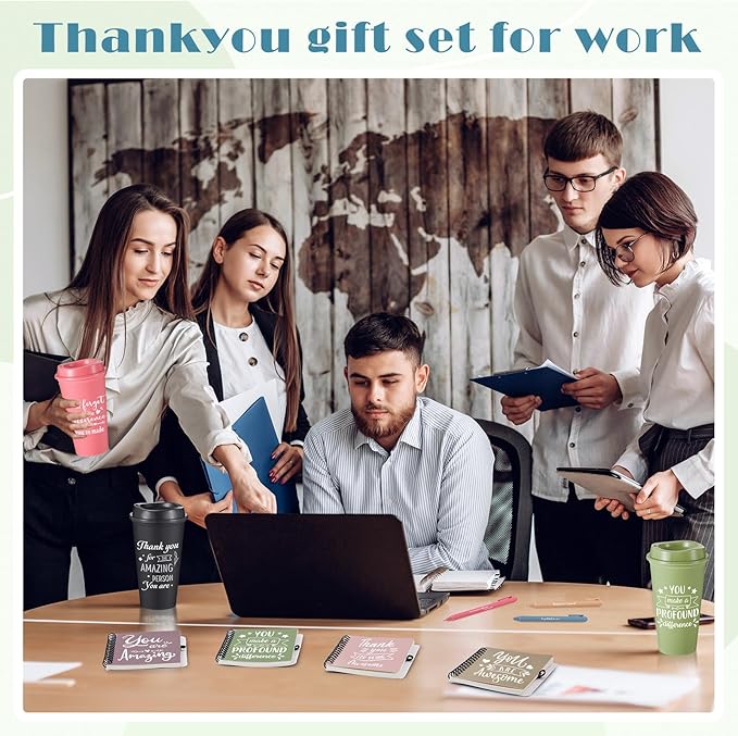 Skylety 48 Set/ 192 Pcs Employee Appreciation Gifts Bulk Thank You Inspirational Gift Set 16 oz Coffee Cups with Thank You Notebook Pen Keychain for Staff Team Teacher Coworker Friend (Morandi Color)