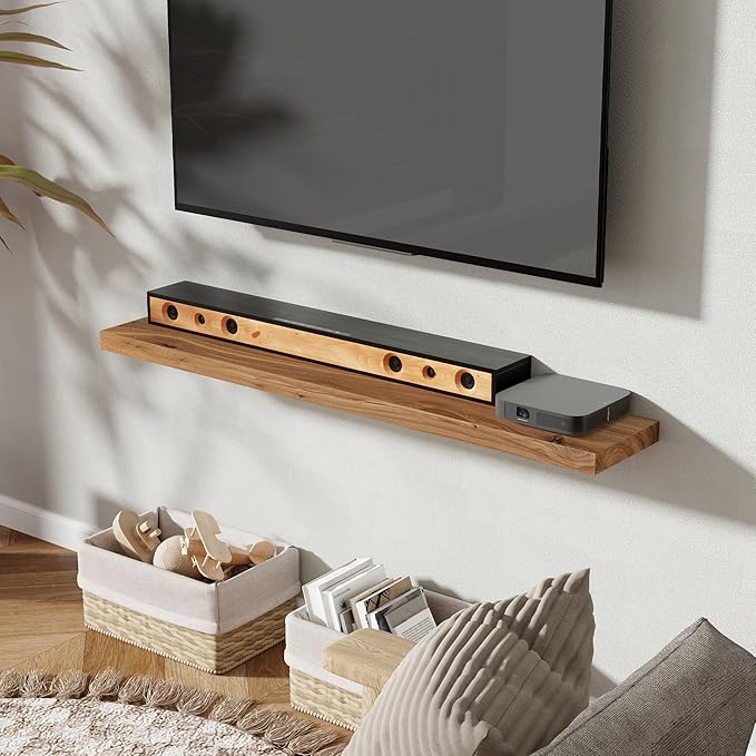 48 Inch Floating Shelves, Rustic Elm Wood Wall Shelves for Farmhouse, Bedroom, Kitchen, Wall-Mounted Long Floating Shelf Heavy-Duty Bracket, Solid Wood Shelf Set of 1 for Home Decor Display, Natural