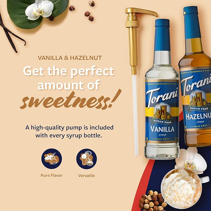 Torani Sugar Free Hazelnut Syrup and Sugar Free Vanilla Syrup Variety 2-Pack, Coffee Syrups for Drinks, Pumps Included, 25.4 Fl Oz Ea