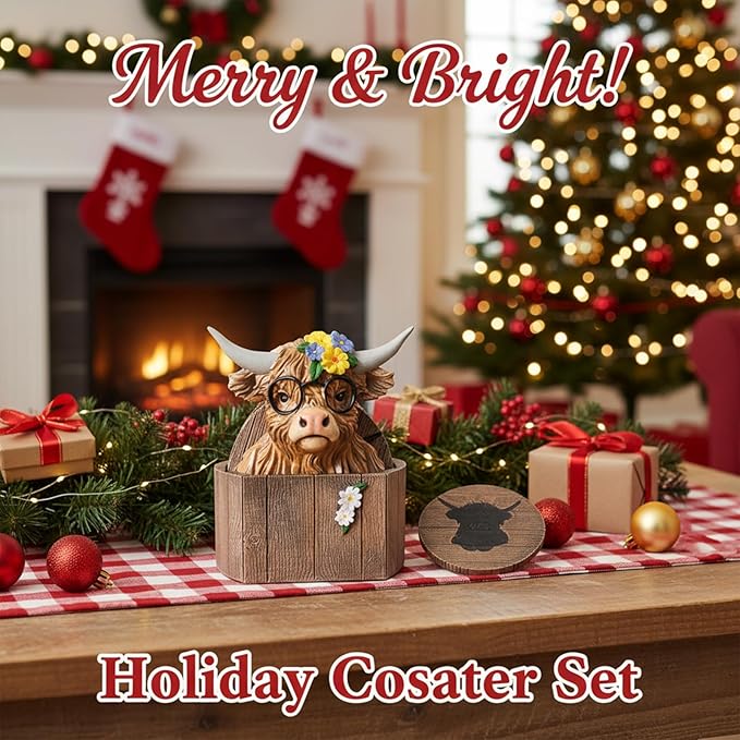 Cabin Coasters Set 6 Full Size Non-Slip Bar Coasters, Indoor Christmas Decorations, Man Cave Gifts for Men, Rustic Handmade Decor for The Home (Highland Cattle)
