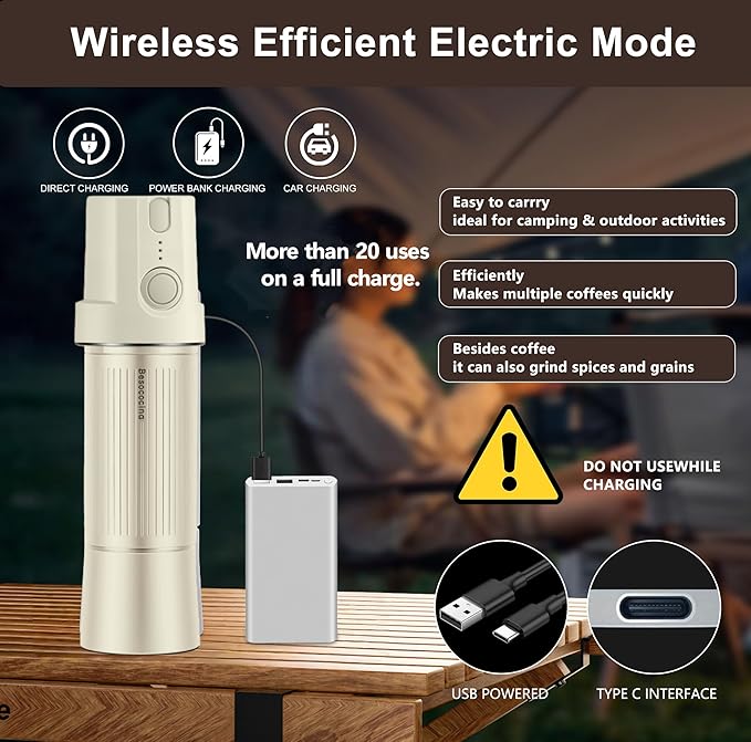 Burr Coffee Grinder 2-in-1 Manual/Electric, 40mm Stainless Steel Conical Burr Coffee Bean Grinder, USB Rechargeable Home Use, 16 Grind Levels for Espresso/Drip/French Press/Mocha (Milky)