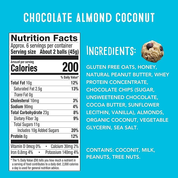 simplyFUEL Whole-Food Protein Balls (Chocolate Almond Coconut), 8 g High-Protein, Gluten-Free, Healthy Snack for Adults & Kids, 9.6 oz