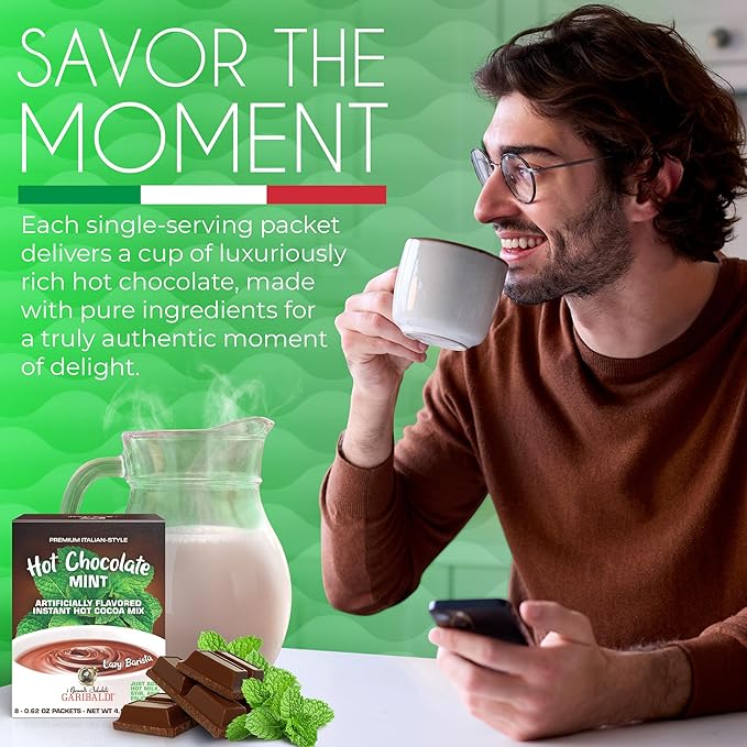 Cafe Garibaldi Premium Hot Chocolate Mint - Instant Cocoa Mix with Cocoa Powder, Gluten-Free & GMO-Free, 8 Servings x 0.62oz Packets, Ideal Italian Hot Chocolate Gift