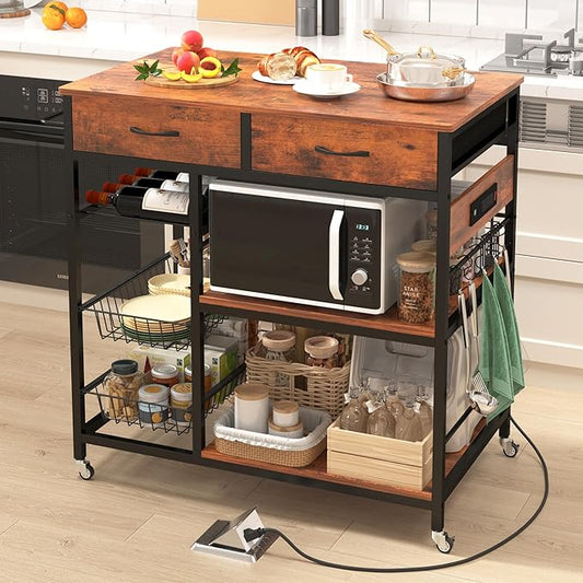 Kitchen Island with Storage,Industrial Kitchen Island on Wheels,Rolling Kitchen Island Cart with Power Outlet,Modern Island Table for Kitchen with Drawers,Shelves and Baskets,Rustic Brown