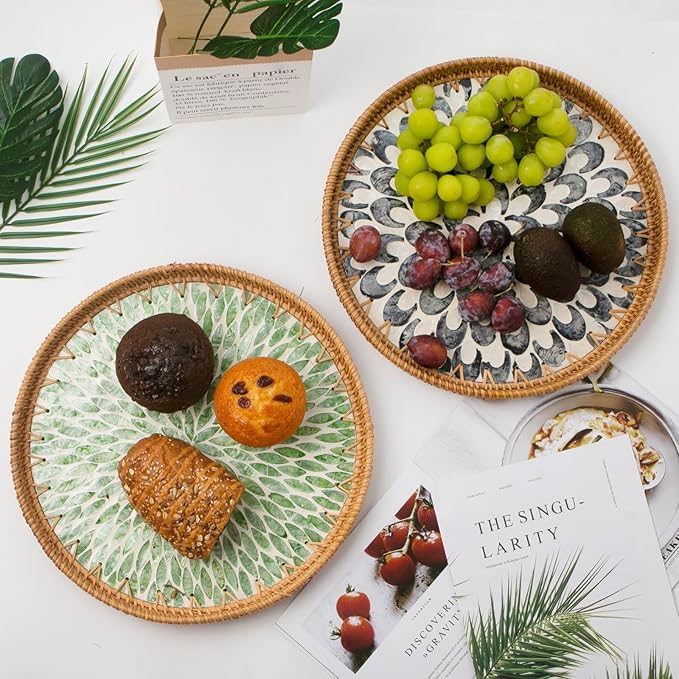Round Rattan Tray with Mother of Pearl Inlay, Decorative Wicker Serving Tray with Wooden Base, Woven Basket Trays for Bread Fruits Coffee, Plume