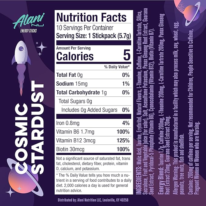 Alani Nu COSMIC STARDUST, Energy Sticks Drink Powder, 200mg Caffeine, Pre Workout Performance with Antioxidants, On-The-Go Drink Mix, Biotin, B Vitamins, Zero Sugar, 5 Calories, 10 Pack