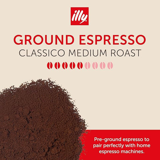 illy Ground Espresso Coffee, Classico Medium Roast, 100% Arabica, Premium Italian Coffee, Pre-Ground for Espresso Machines, 8.8oz, 6 Pack
