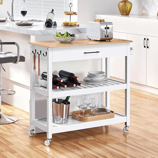 Yaheetech Kitchen Island Cart on Wheels with Bamboo Tabletop, 3-Tier Rolling Kitchen Island Microwave Cart with Drawer, Detachable Towel, 3 Hooks, 17" D x 37.5" W, White