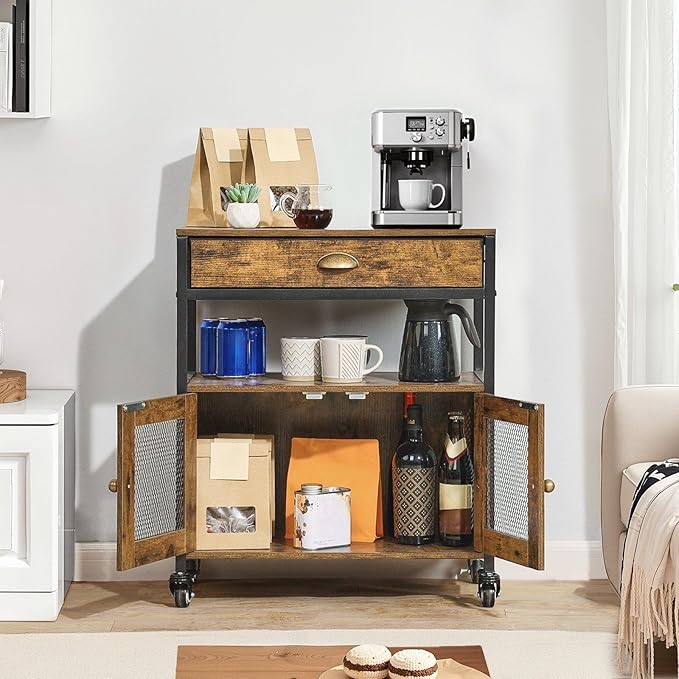 Farmhouse Coffee Bar Cabinet with Wheels, 24 Inch Movable Sideboard with Storage, Multi-Purpose Buffet Table for Kitchen, Entryway Decor