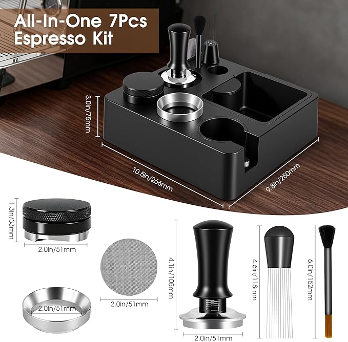 51mm Espresso Accessories Kit, Espresso Knock Box and Tamping Station, Coffee Tamper, Distributor, WDT Distribution Tool, Dosing Funnel and Puck Screen Set Fits Delonghi 51 mm Portafilter