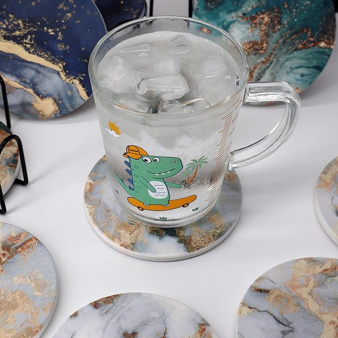 White Marble Ceramic Coasters with Holder Absorbent Drink Coaster Set Outdoor Round Abstract Cute Table Decorative Coffee Cup Beverage Fun Wine Beer Bar Gold Housewarming 6 Pack