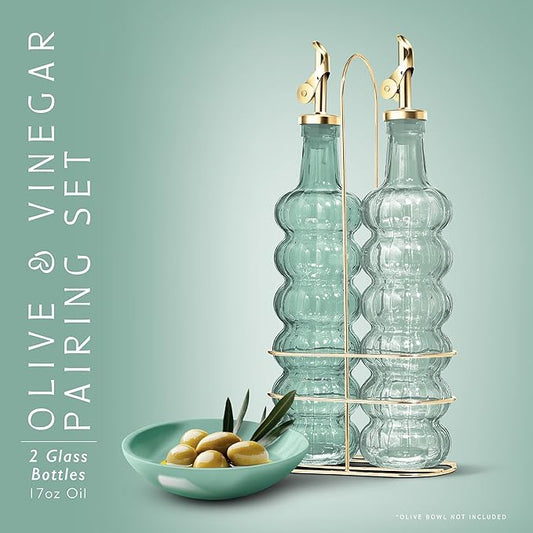 COOK WITH COLOR Glass Olive Oil Bottle Dispenser - 2 Pack- 17oz Oil and Vinegar Cruet - Olive Oil Carafe Decanter for Kitchen, Elegant Waves, Green
