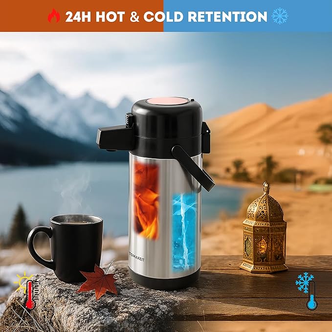 Airpot Coffee Carafe for Keeping Hot,102oz/3L Coffee Dispenser Thermal with Pump,Insulated Stainless Steel Hot Beverage Dispenser for Parties,Thermal Carafe for Hot Drinks Water Tea Chocolate