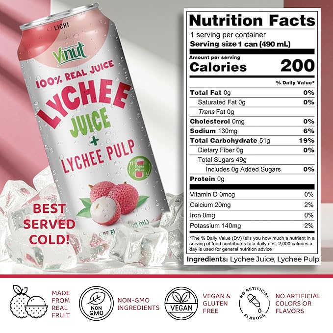 VINUT 100% Natural Lychee Juice Drink with Pulp, Real Lychee Juice, Gluten Free, GMO-Free, 16.57 fl oz, Pack of 24