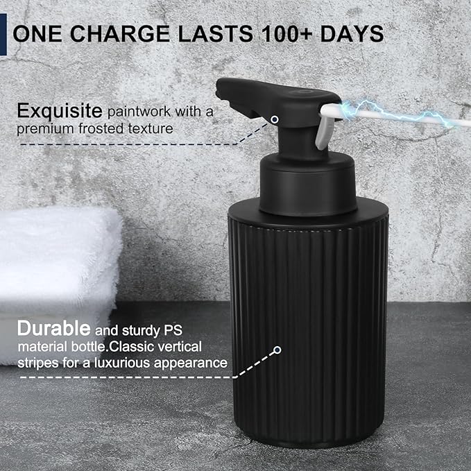 Automatic Soap Dispenser Liquid Touchless: 9oz Black Plastic - Rechargeable Electric Smart 3 Level Adjustable Auto Hand Soap Dispenser - Dish Bathroom Kitchen
