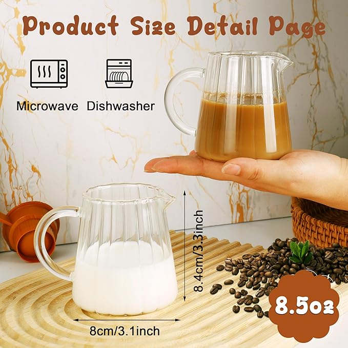 Loscarol 2 Pcs Creamer Pitcher, Elegant Wave Shaped Glass Milk Pitcher, for Coffee, Tea, Serving Milk Frothing Cup Creamer Jug for Kitchen, 8.5 oz