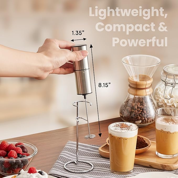 Elite Gourmet EMF9SS Cordless, Battery Operated, Milk Frother, Power Button, Food Grade Stainless Steel Whisk, Vertical Stand, Lattes, Cappuccinos, Matcha, Hot Chocolate, Iced Coffee, Stainless Steel