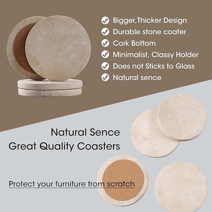 Travertine Stone Coasters Set of 4 ，4 inch Round Coasters Make a Great Housewarming, Providing Sturdy and Durable Desktop Protection for a Variety of Cups