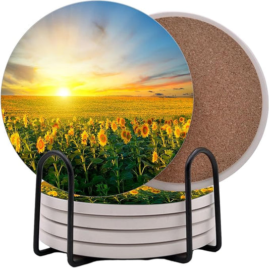 Summer Sunshine Beach Season Leaves Round Coasters Set of 6 - Abosrbent Ceramic Coasters with Metal Stand for Drinks, Coffee, Non-Slip Cork Back for Tabletop Protection, 4 Inches (Sunflower)
