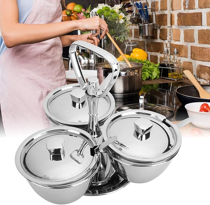 Stainless Steel Sugar Bowl, Seasoning Jar Container, Rotating Condiment Jar Rack Set with Cover for Kitchen Countertop Cabinet