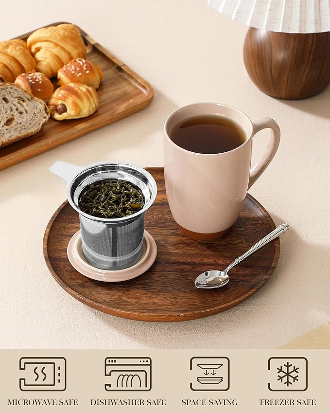 MALACASA Ceramic Tea Mug with Lid and Stainless Steel Infuser, 18 oz Large Tea Cup for Loose Leaf Tea, Heat-Resistant, Microwave & Dishwasher Safe, Speckled Glaze Coffee & Tea Brewer Mug, Khaki Pink