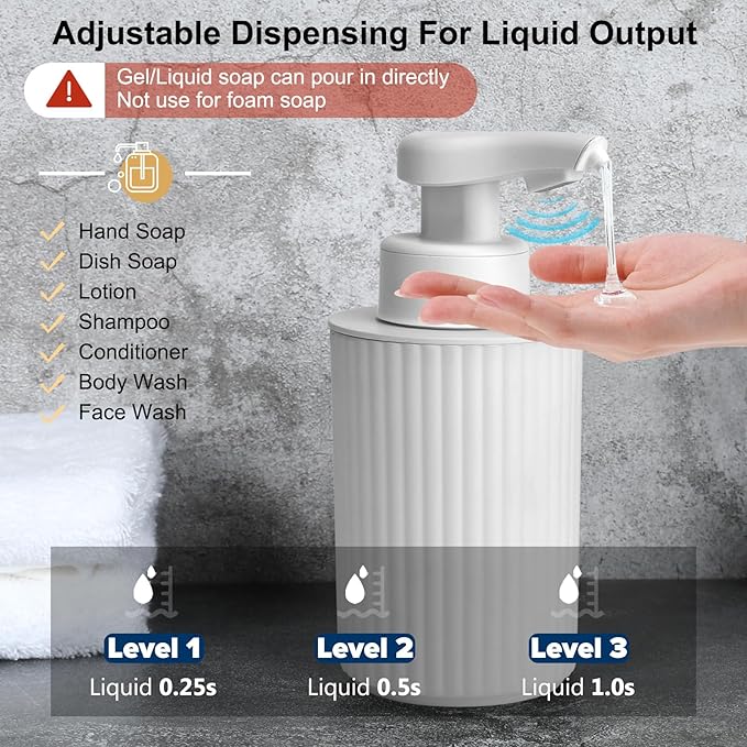 Automatic Soap Dispenser Liquid Touchless: 9oz White Plastic - Rechargeable Electric Smart 3 Level Adjustable Auto Hand Soap Dispenser - Dish Bathroom Kitchen