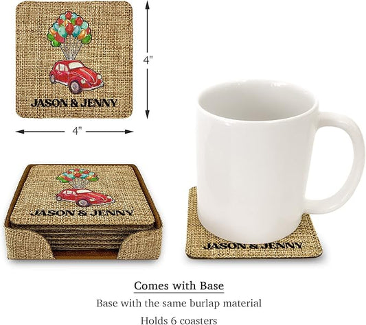 Smile Art Design Family Couple Names Custom Drink Coaster Set of 6 with Base Square Burlap Material Car Design Personalized Prints Personalized Gifts House Warming Rustic Decor Style9