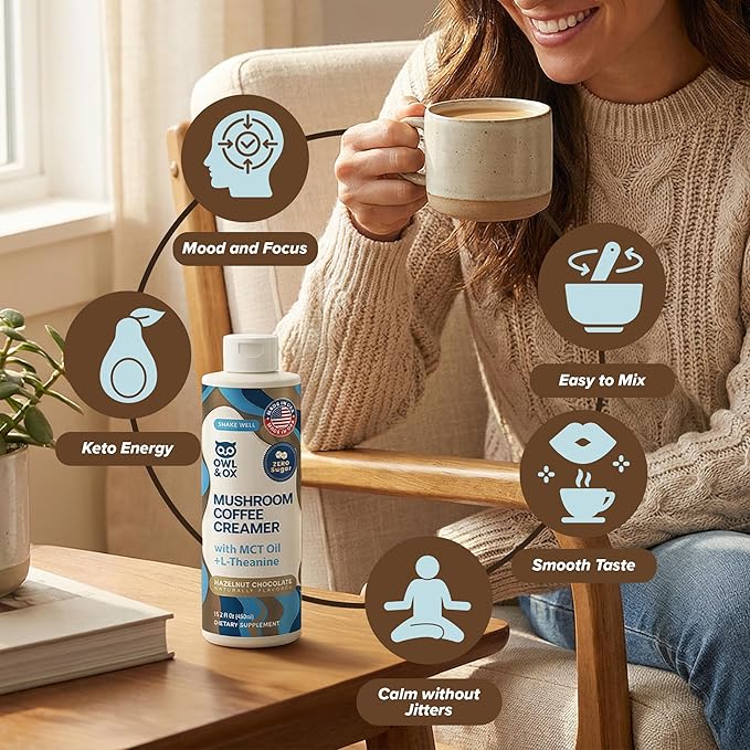 Mushroom Coffee Creamer with MCT Oil Blend & L-Theanine | MCT Coffee Creamer, Keto Coffee Creamer, Dairy Free, Sugar Free, Vegan, Plant Based, Hazelnut Chocolate Flavor, 30 Servings | Made in USA