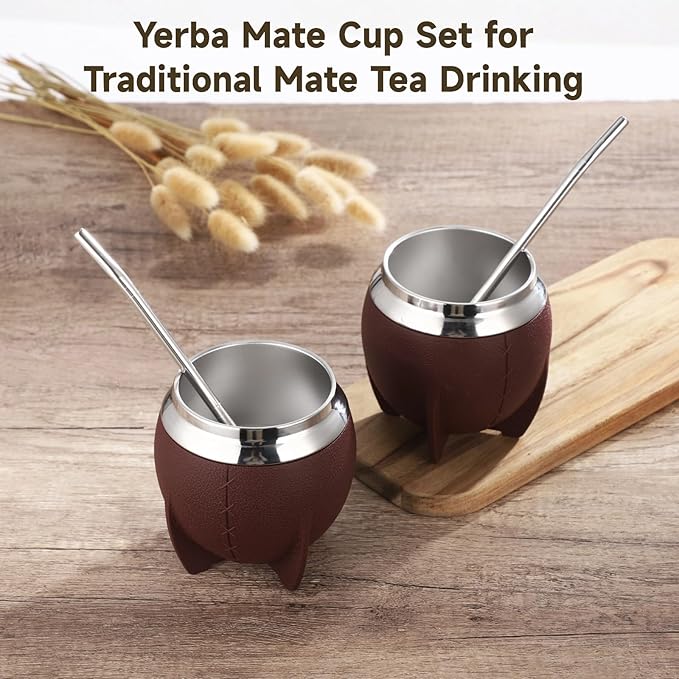 2PCS Yerba Mate Cup, 6 oz Stainless teel Mate Cup with Straw, Double Wall Vacuum Insulated Yerba Mate Gourd for Traditional Mate Tea Drinking (Brown-A)